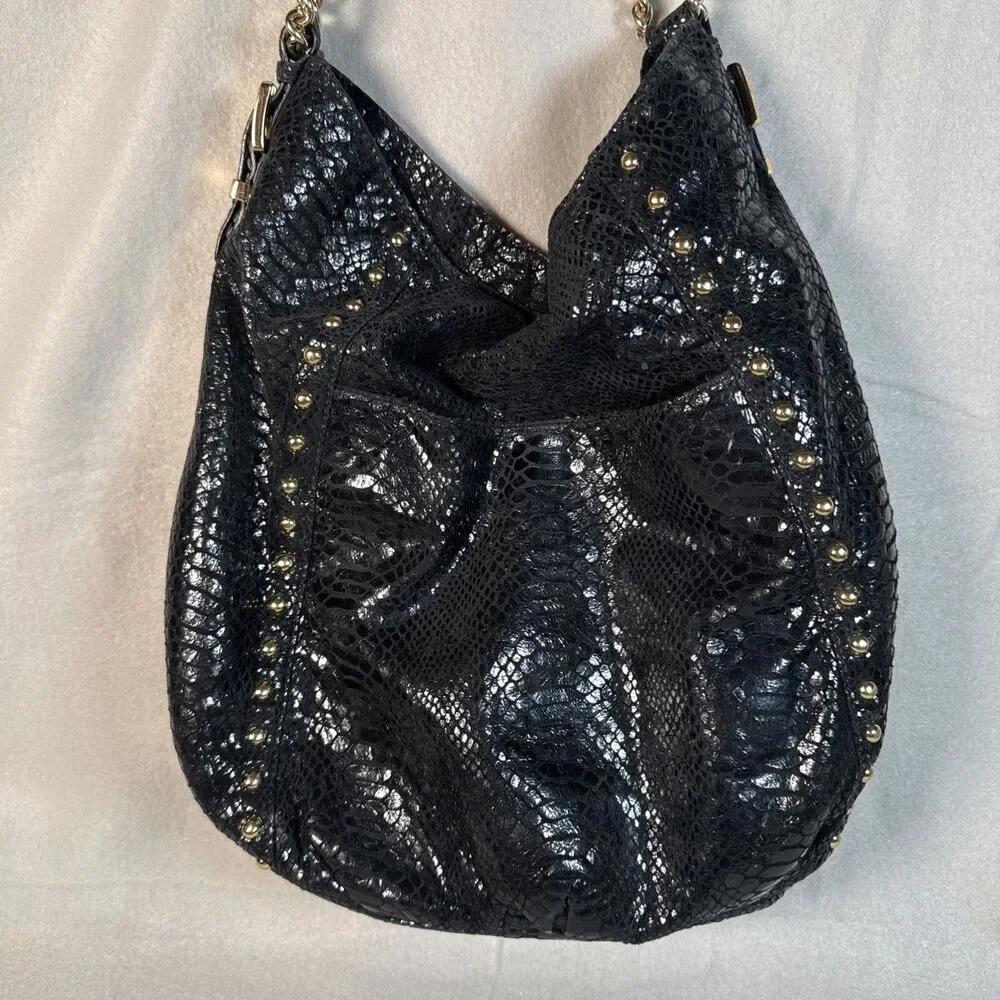 Michael Kors Black Snakeskin Python Chain Tote Shoulder Bag Boho gold accents